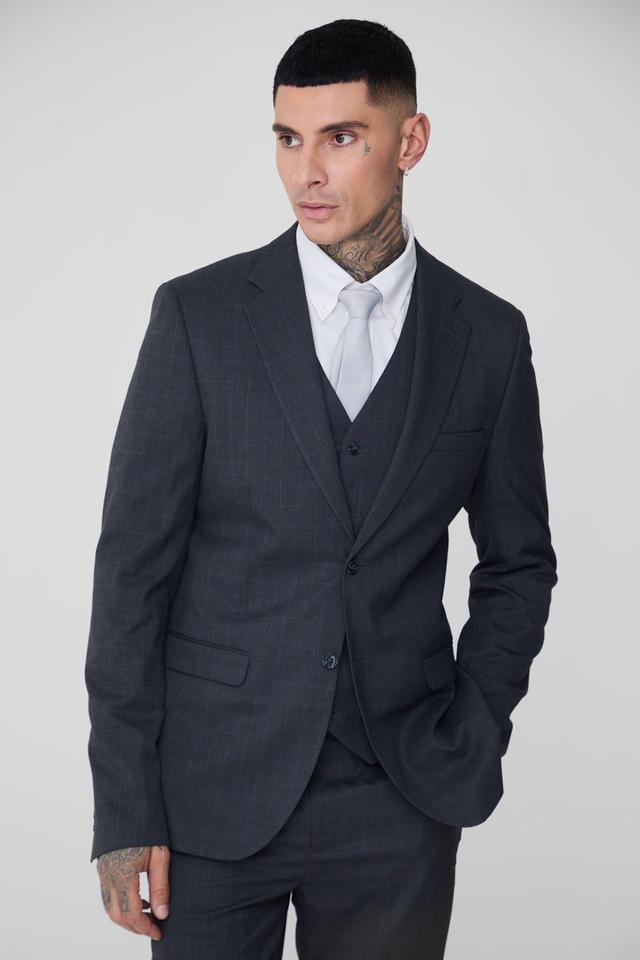 Tall Charcoal Plaid Single Breasted Slim Fit Suit Jacket | boohooMAN USA Product Image