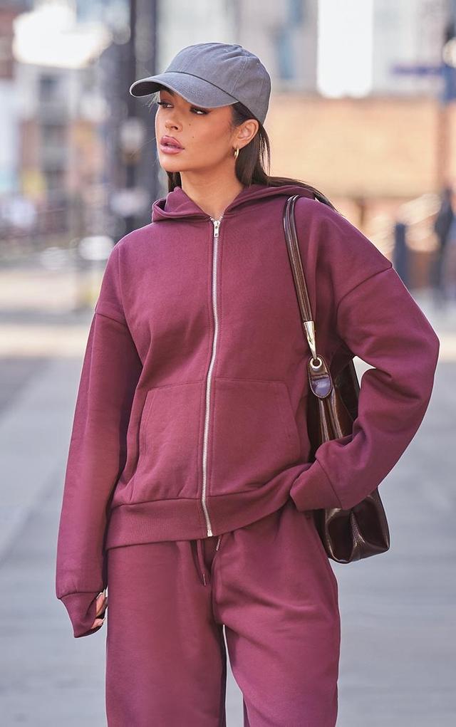 Burgundy Premium Zip Up Oversized Sweat Hoodie Product Image