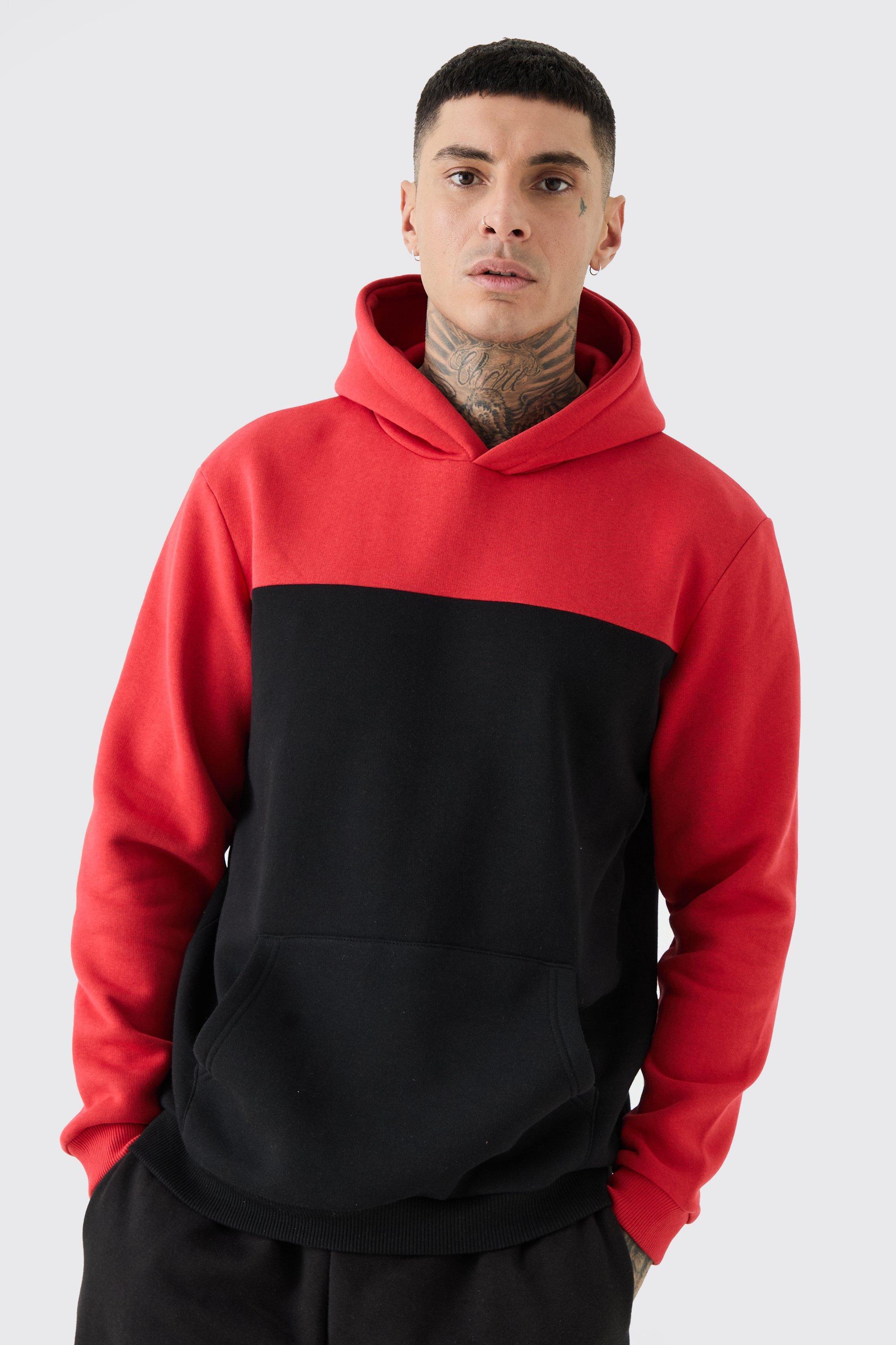 Tall Colour Block Hoodie In Red | boohooMAN USA Product Image