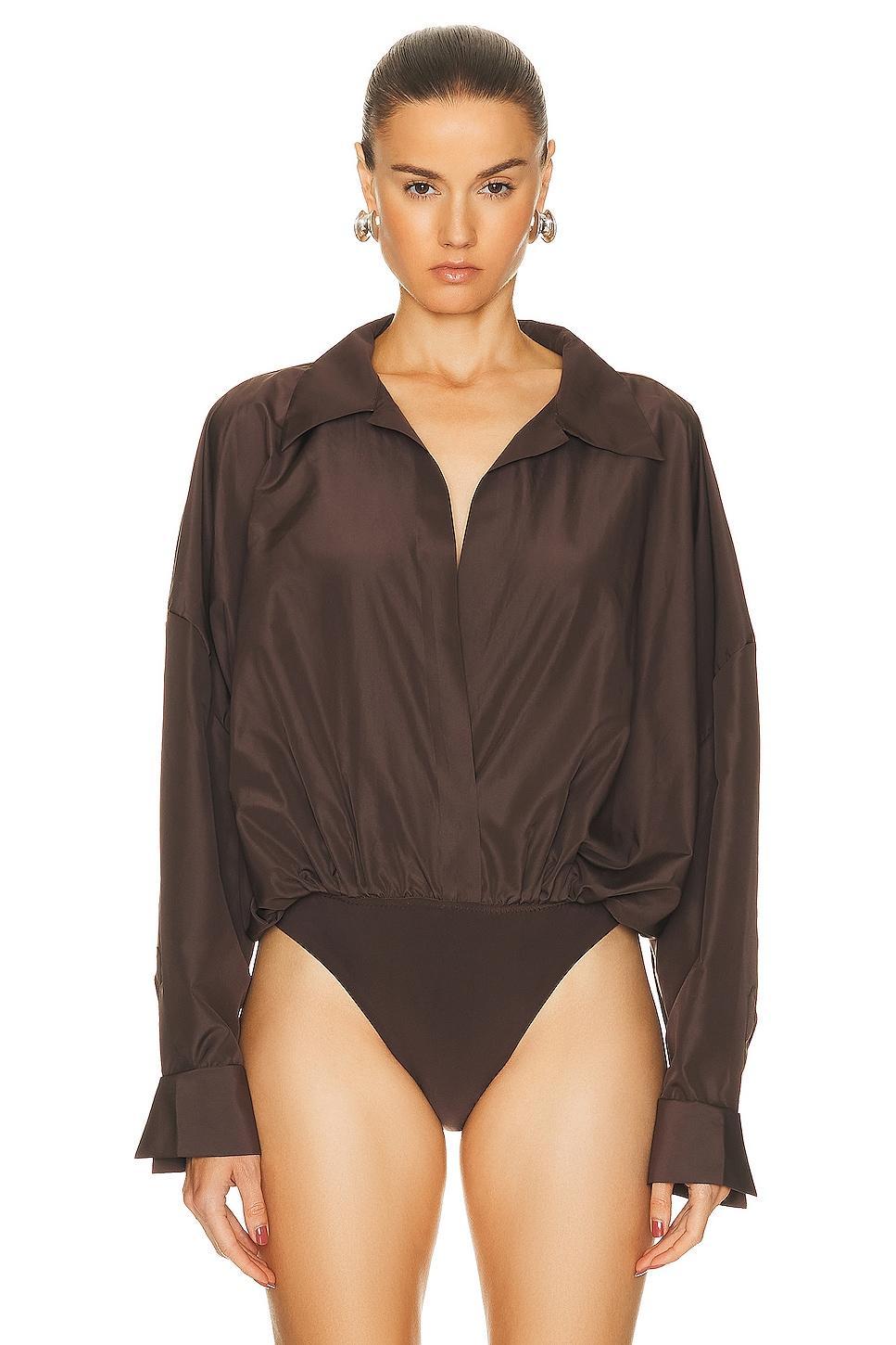 Norma Kamali Super Oversized Boyfriend Shirt Bodysuit Chocolate. (also in L, S, XS). Product Image