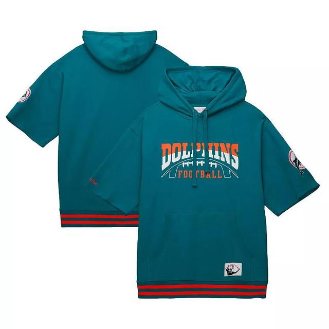 Mens Mitchell & Ness Aqua Miami Dolphins Pre-Game Short Sleeve Pullover Hoodie Turquoise A Product Image