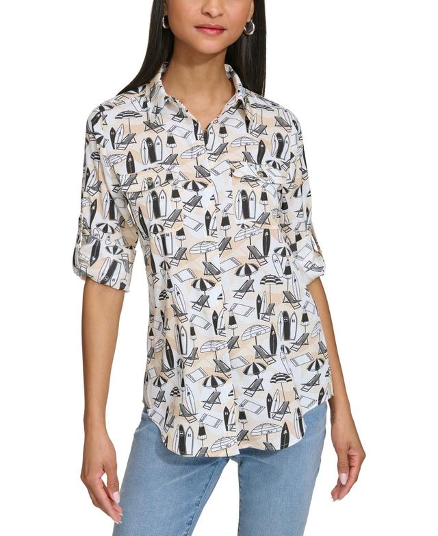 Karl Lagerfeld Paris Womens Whimsical-Print Roll-Tab Button-Front Top Product Image