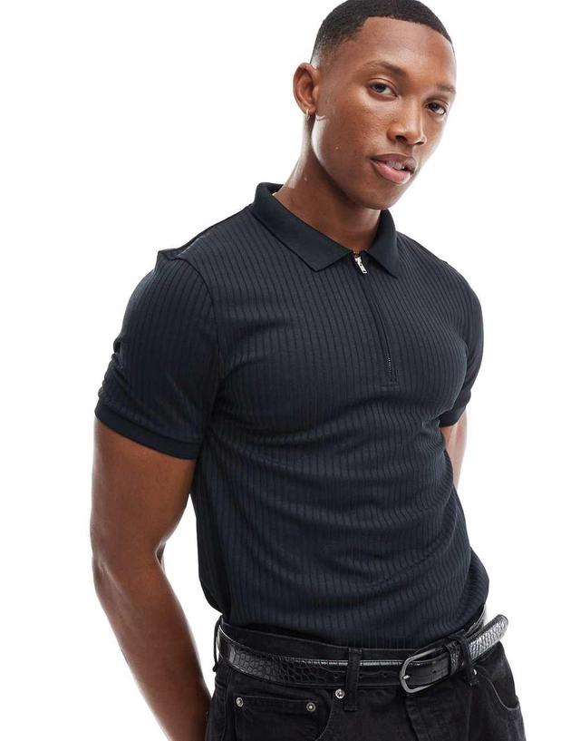 ASOS DESIGN muscle fit rib polo with zip in black Product Image