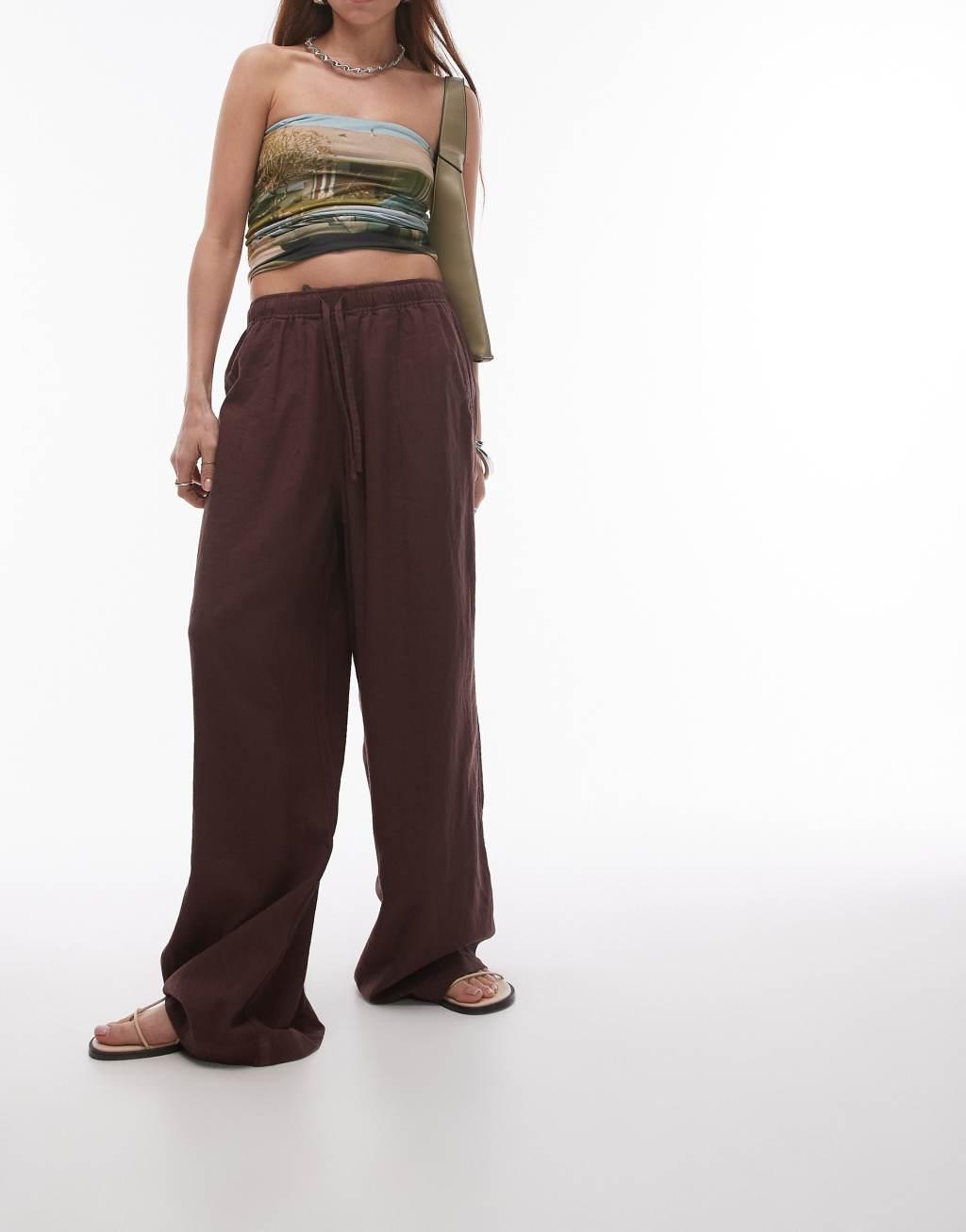 Topshop linen blend balloon pants in brown Product Image