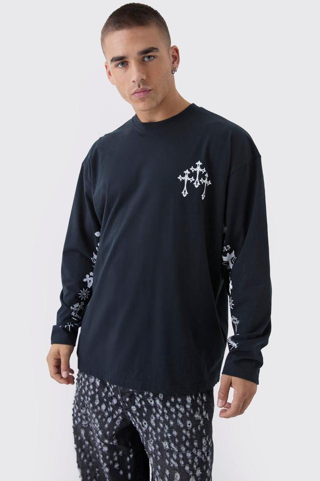 Oversized Cross Print Long Sleeve Print T-Shirt | boohooMAN USA Product Image