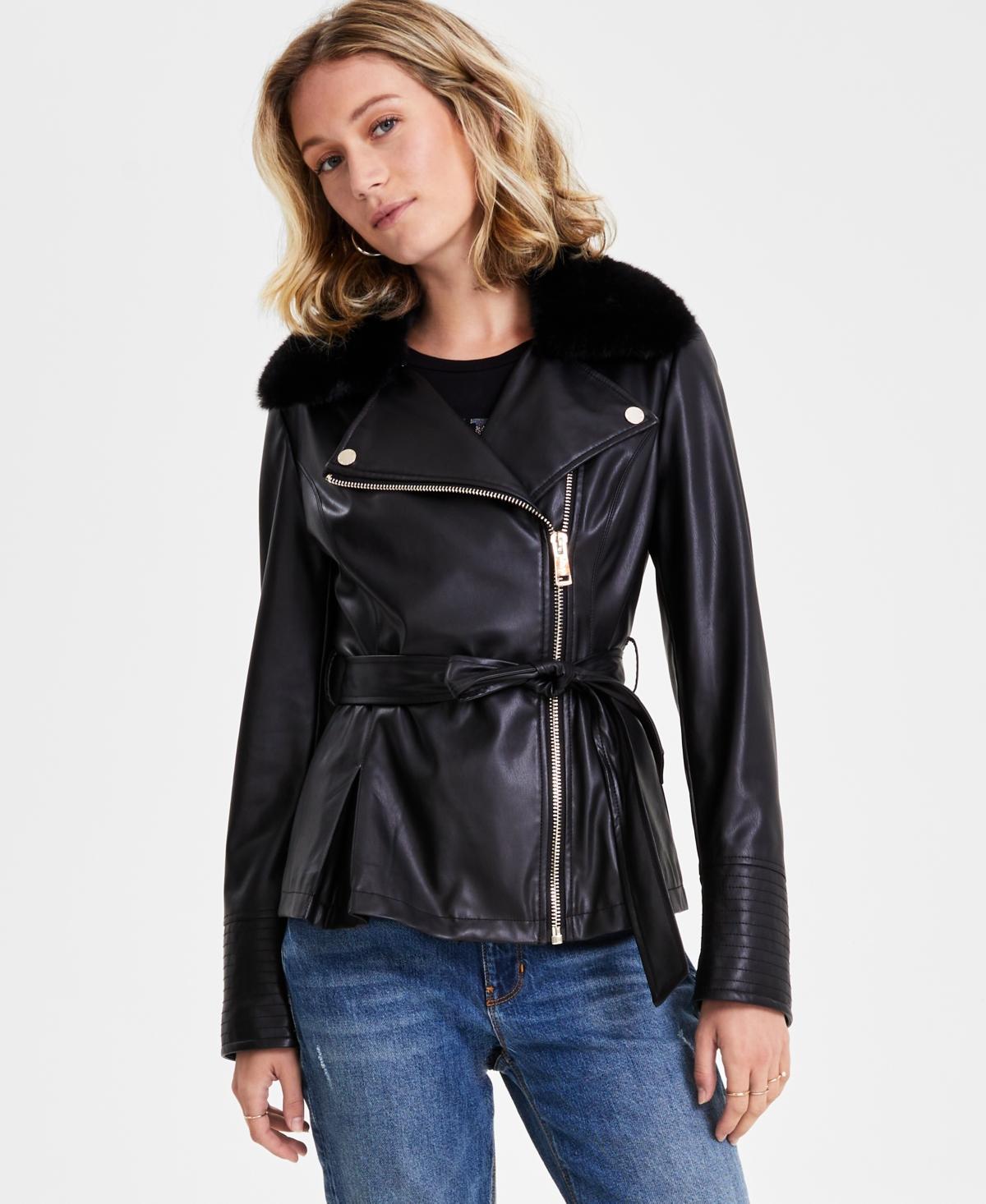 Guess Womens Faux-Fur-Trim Faux-Leather Asymmetric Belted Moto Jacket Product Image