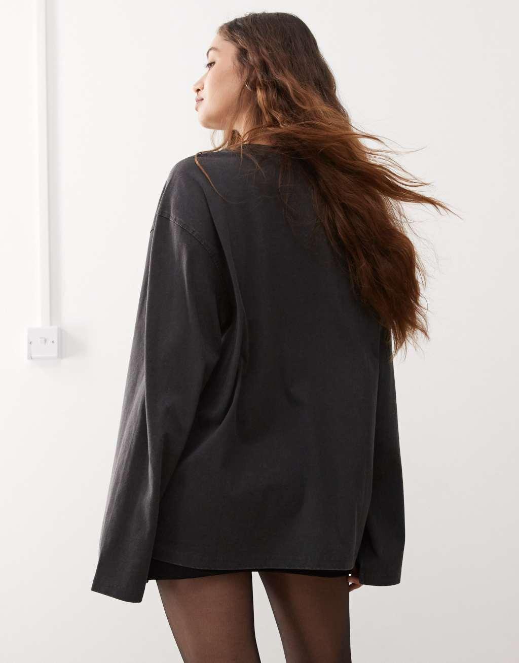 Weekday Frida washed oversized long sleeve top in off-black Product Image