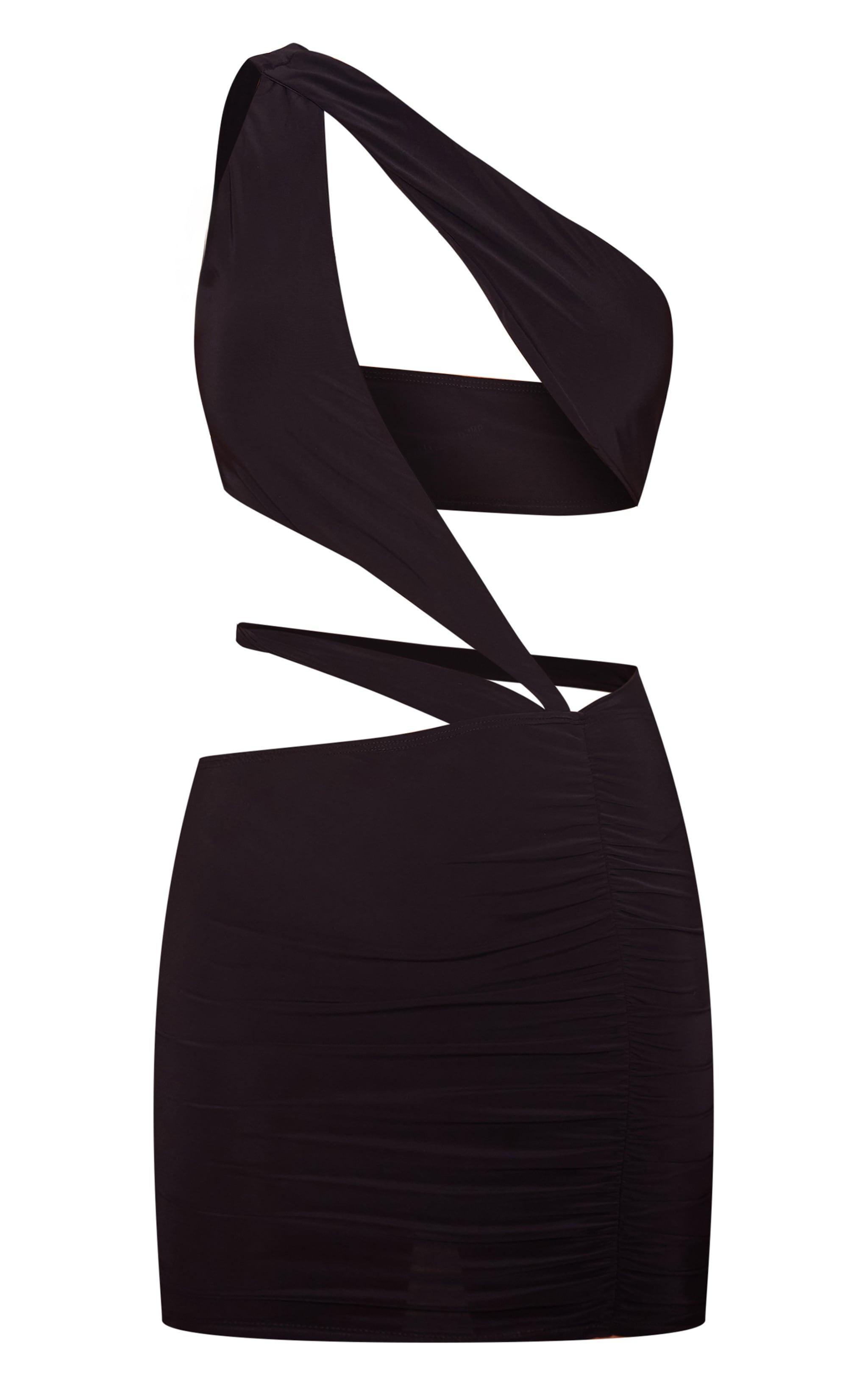 Black Slinky One Shoulder Cut Out Low Waist Bodycon Dress Product Image