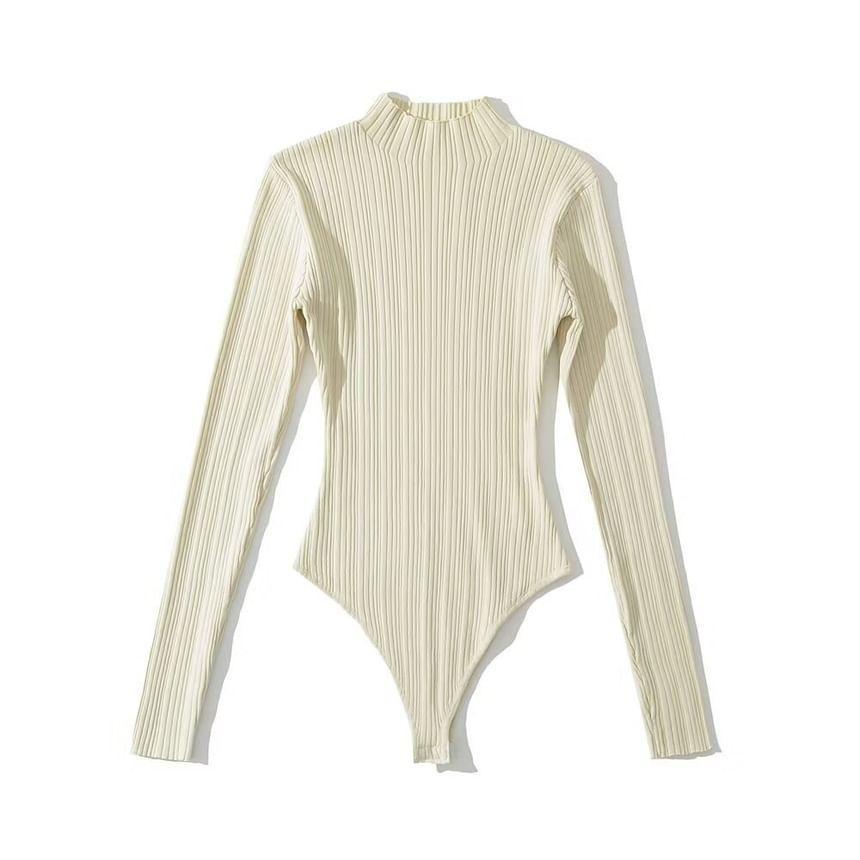 Long-Sleeve Mock Neck Plain Ribbed Knit Bodysuit Top Product Image