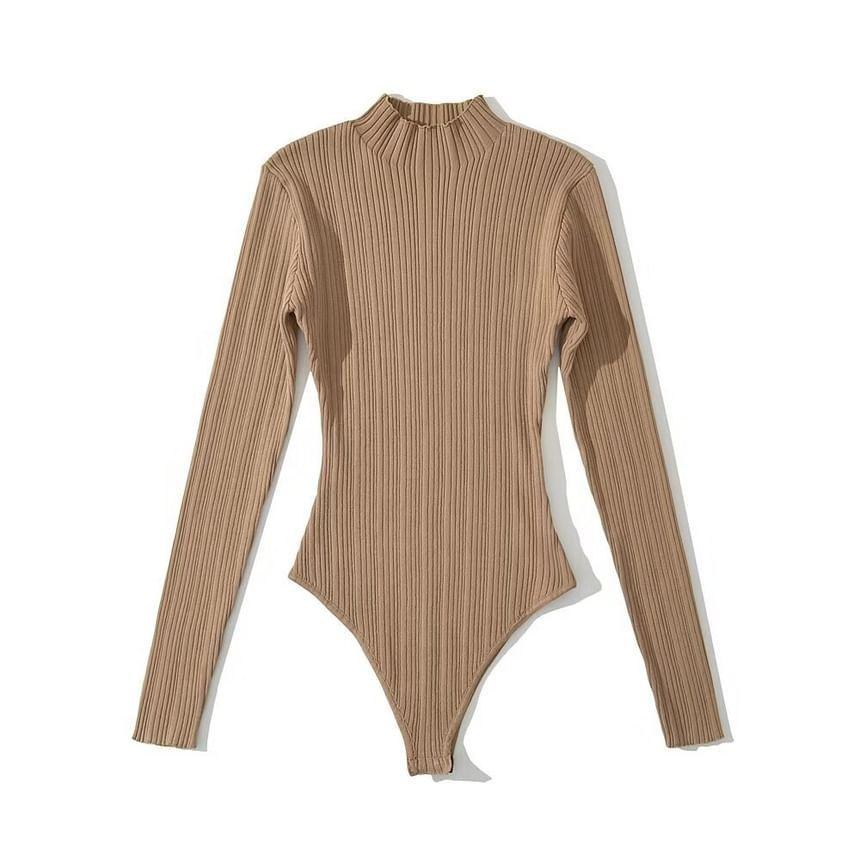 Long-Sleeve Mock Neck Plain Ribbed Knit Bodysuit Top Product Image