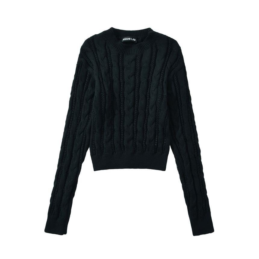 Crew Neck Plain Cable Knit Cropped Sweater Product Image