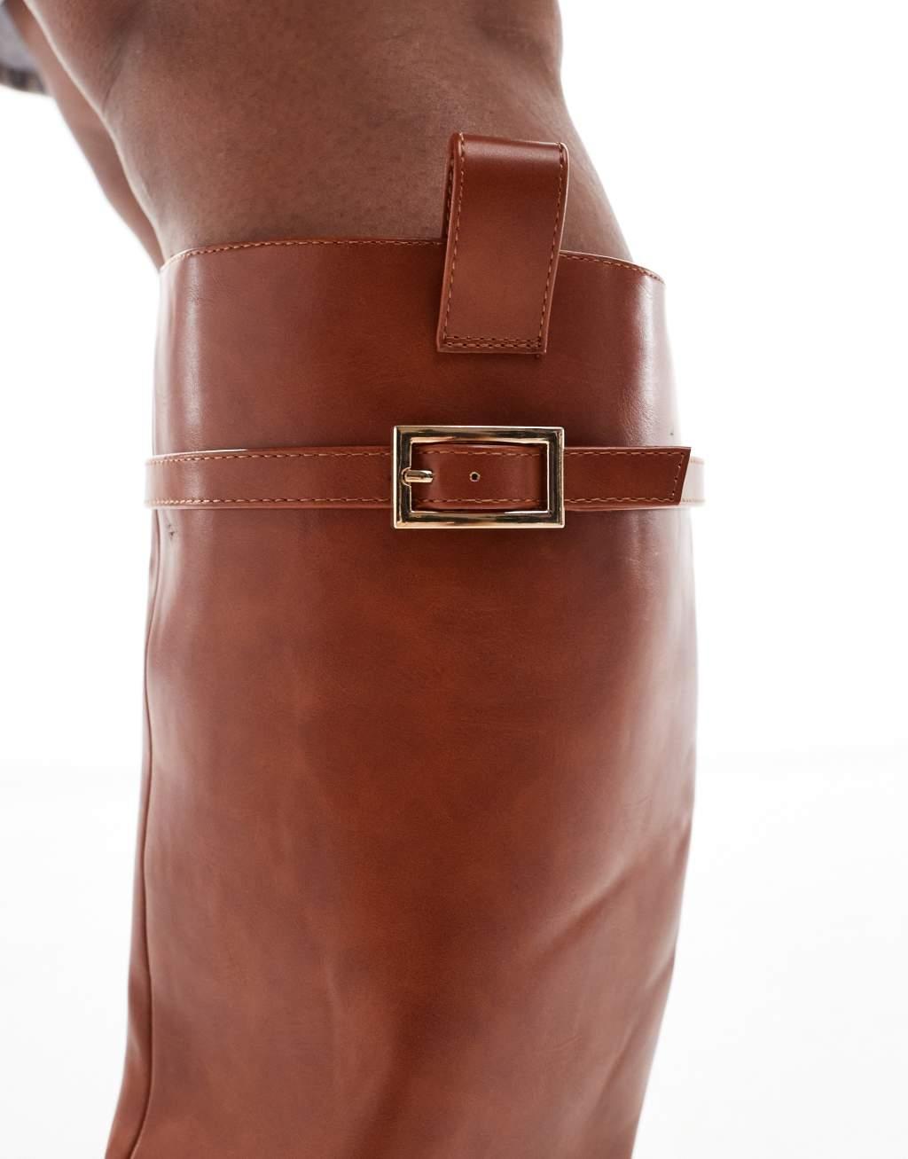 ASOS DESIGN Curve Callie smart flat riding knee boots in tan Product Image