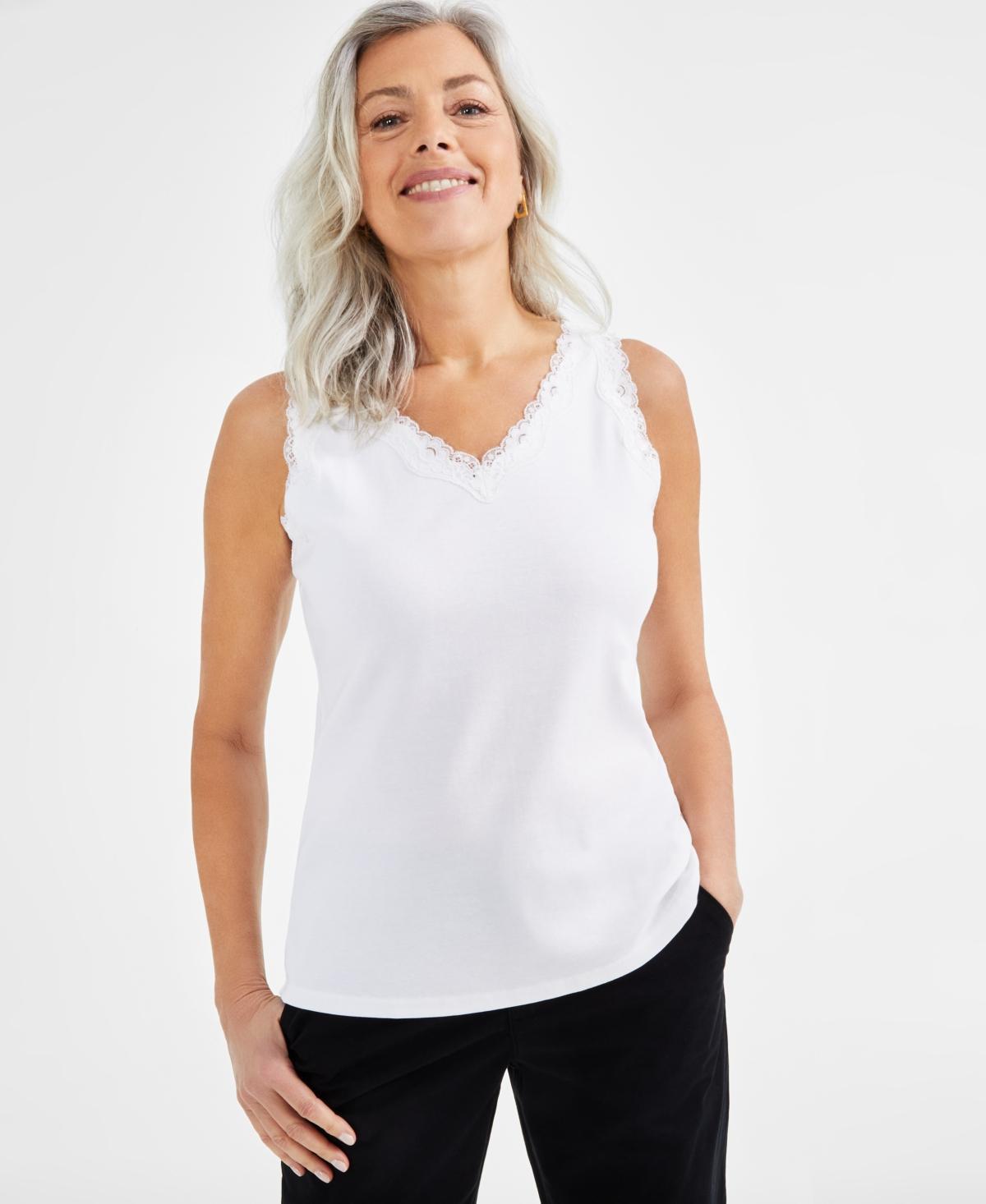 Women's Lace-Trim Cotton Tank Top, Created for Macy's Product Image