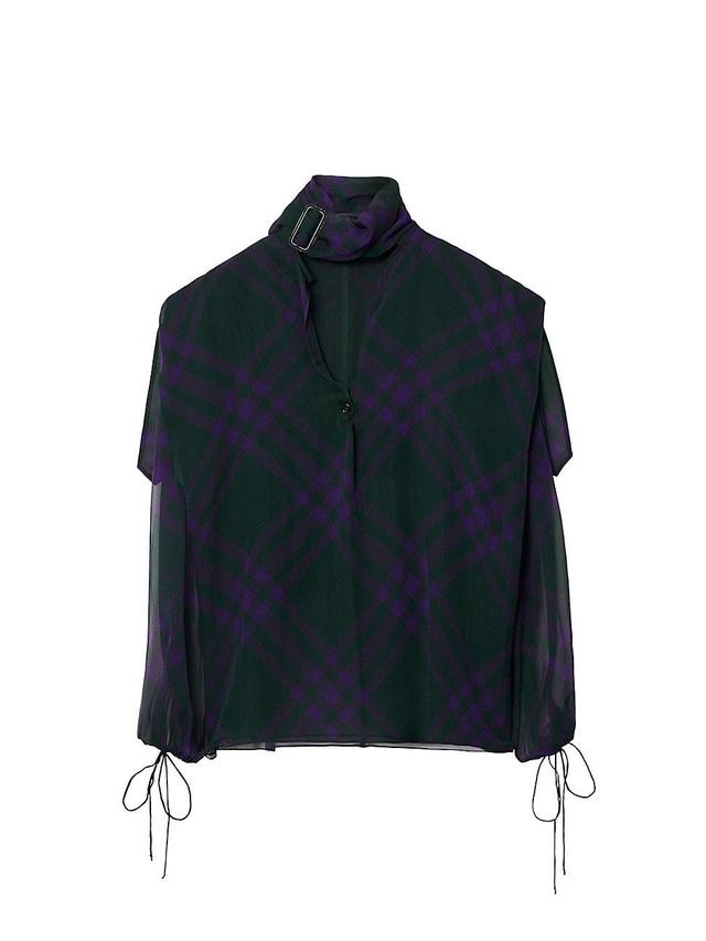 Womens Check Silk Chiffon Relaxed-Fit Scarf-Neck Blouse Product Image