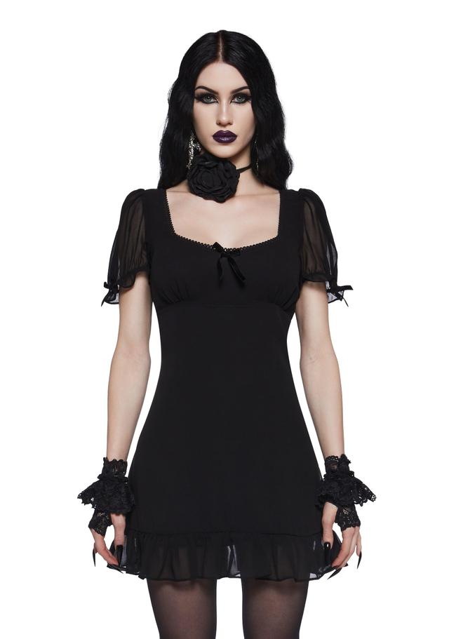 Widow Fairy Lace Chiffon Puff Sleeve Empire Waist Babydoll Dress - Black Product Image