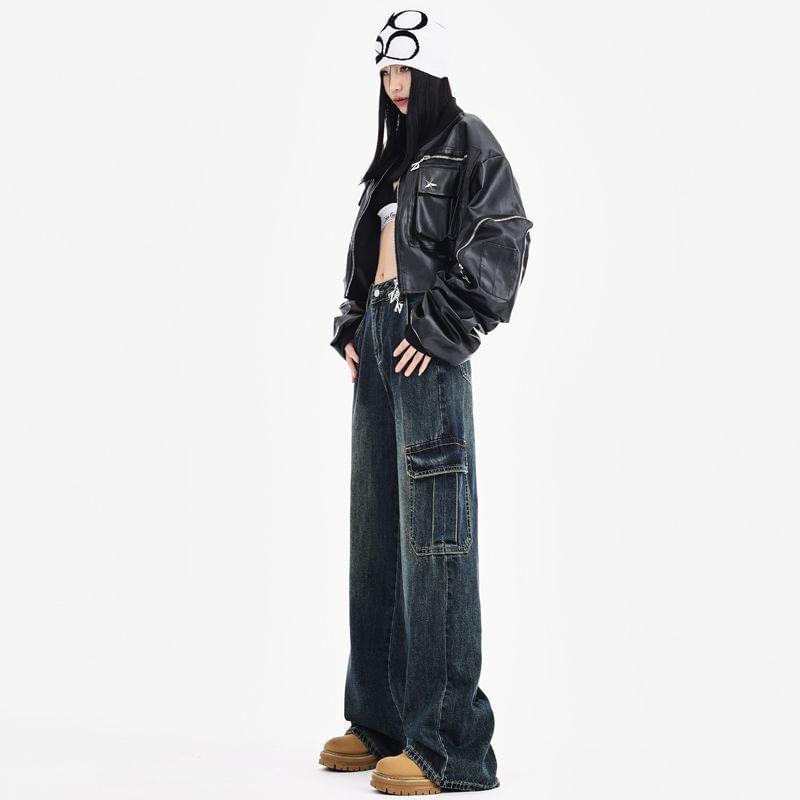 Mid Rise Pocket Detail Washed Wide Leg Jeans (Various Designs) Product Image