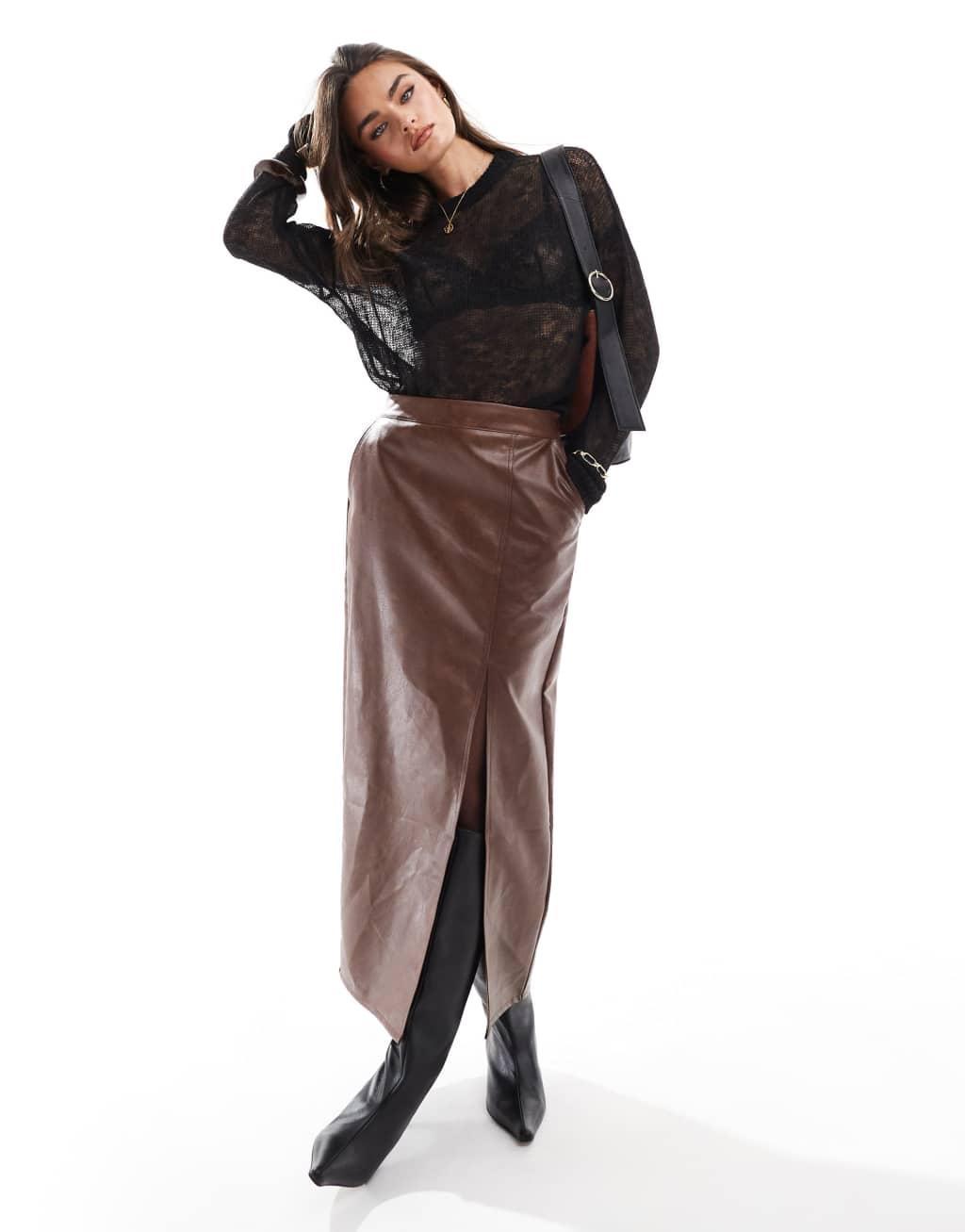 ASOS DESIGN leather look maxi skirt with side slit in washed brown Product Image