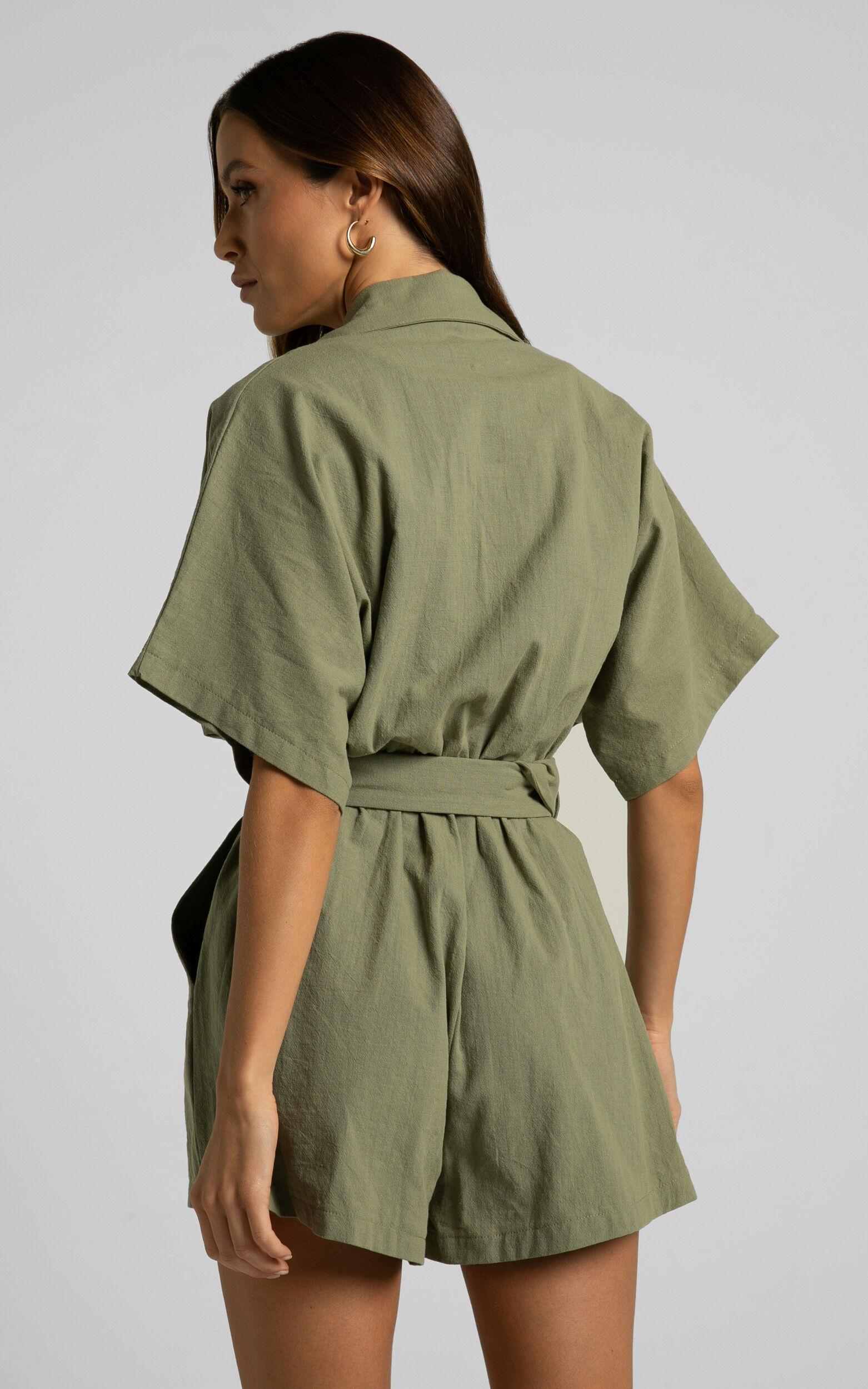 Thaisa Playsuit - Short Sleeve Collared Belted Playsuit in Khaki Product Image