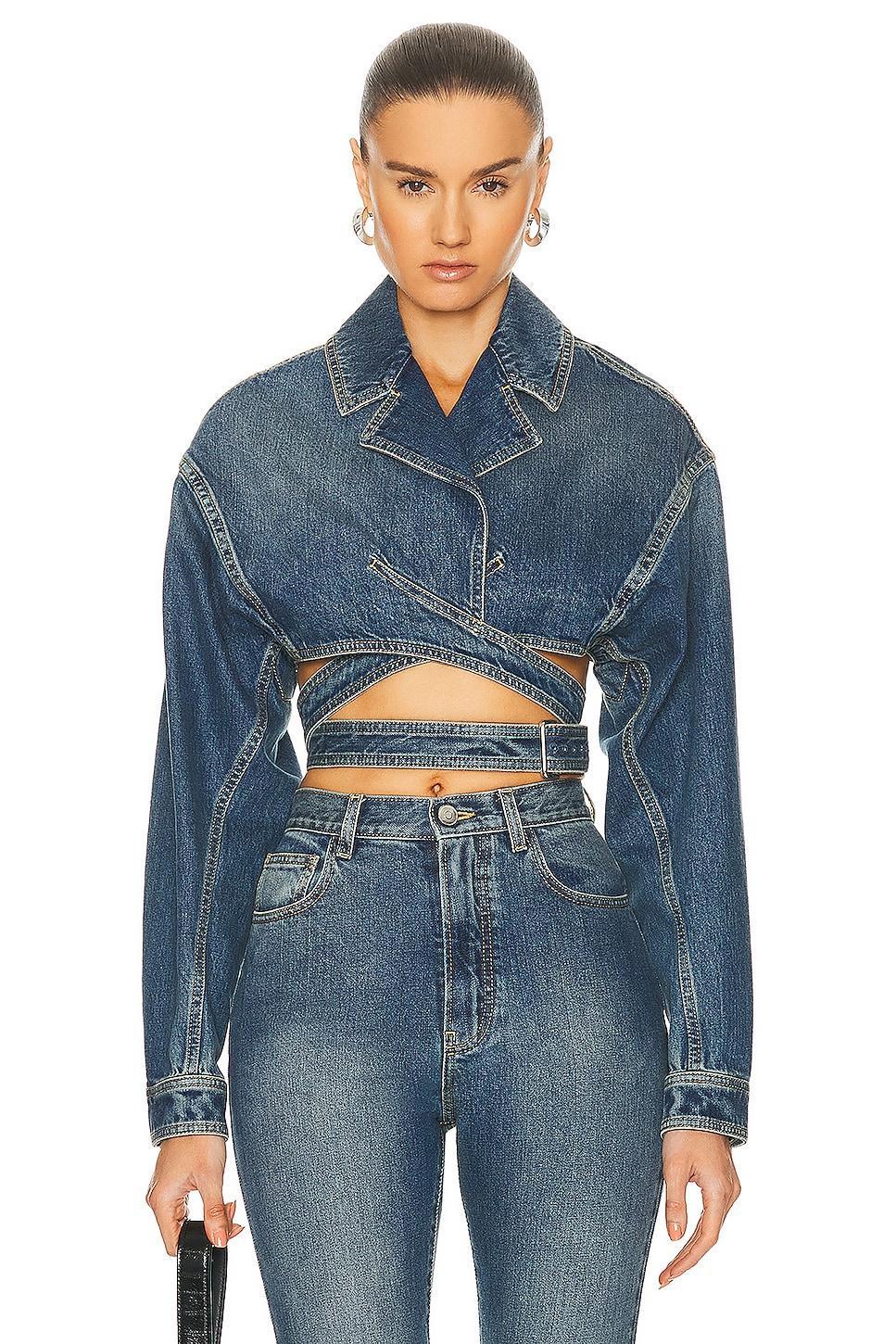 Womens Denim Cropped Belted Wrap Jacket Product Image