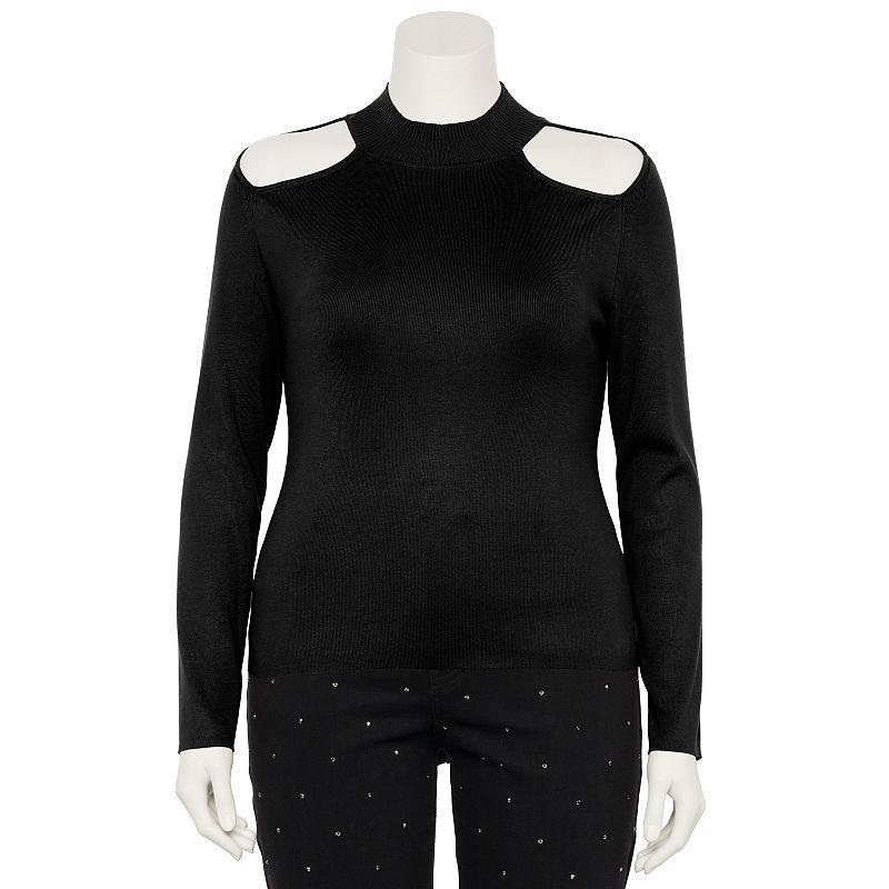 Plus Size INTEMPO Mock Neck Cold Shoulder Cutout Long Sleeve Top, Womens Black Product Image