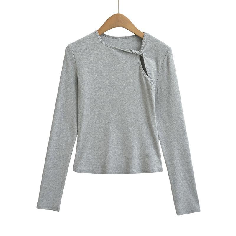 Long Sleeve Crew Neck Plain Twist Crop T-Shirt Product Image