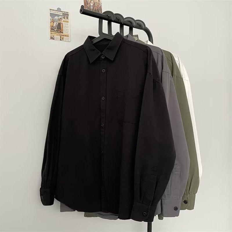 Long-Sleeve Plain Button-Up Shirt Product Image