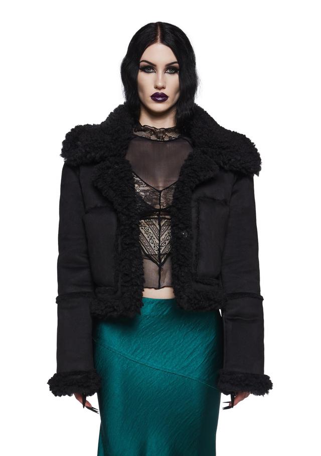 Faux Suede Sherpa Lined Cropped Coat Widow - Black Product Image