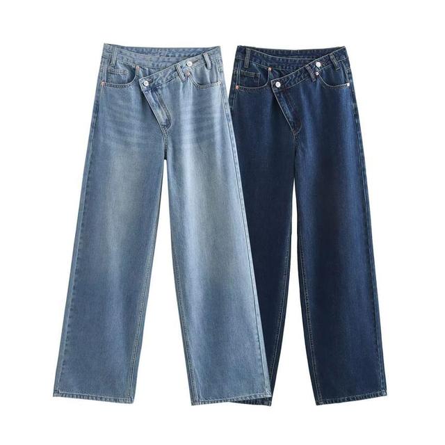 High Waist Asymmetrical Washed Loose Fit Jeans Product Image