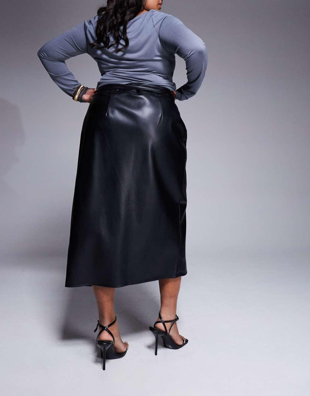 Never Fully Dressed Plus PU wrap midi skirt in black  Product Image