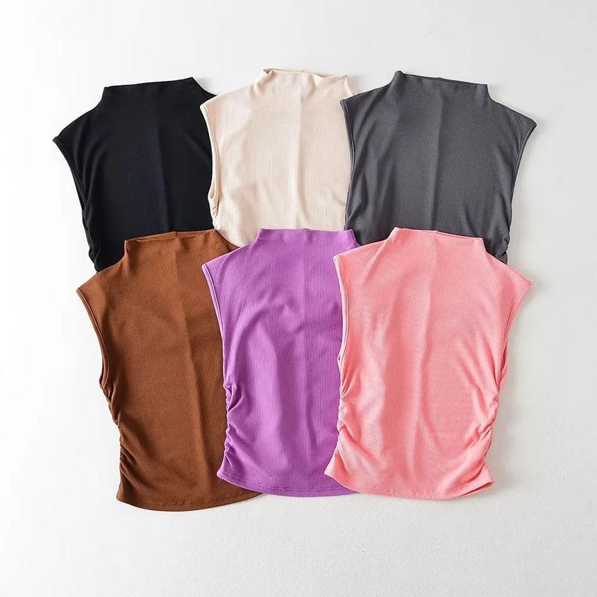 Sleeveless Mock-Neck Ruched Plain Crop Top Product Image