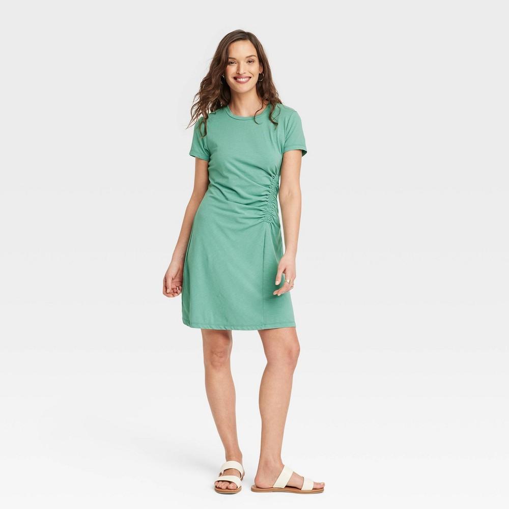 Womens Short Sleeve Ruched Knit Mini T-Shirt Dress - Universal Thread Green XL Product Image