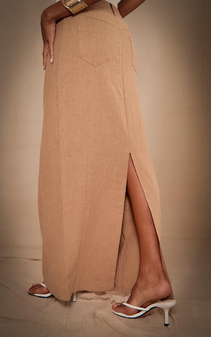 Premium Beige Linen Split Back Detail Maxi Skirt  Product Image