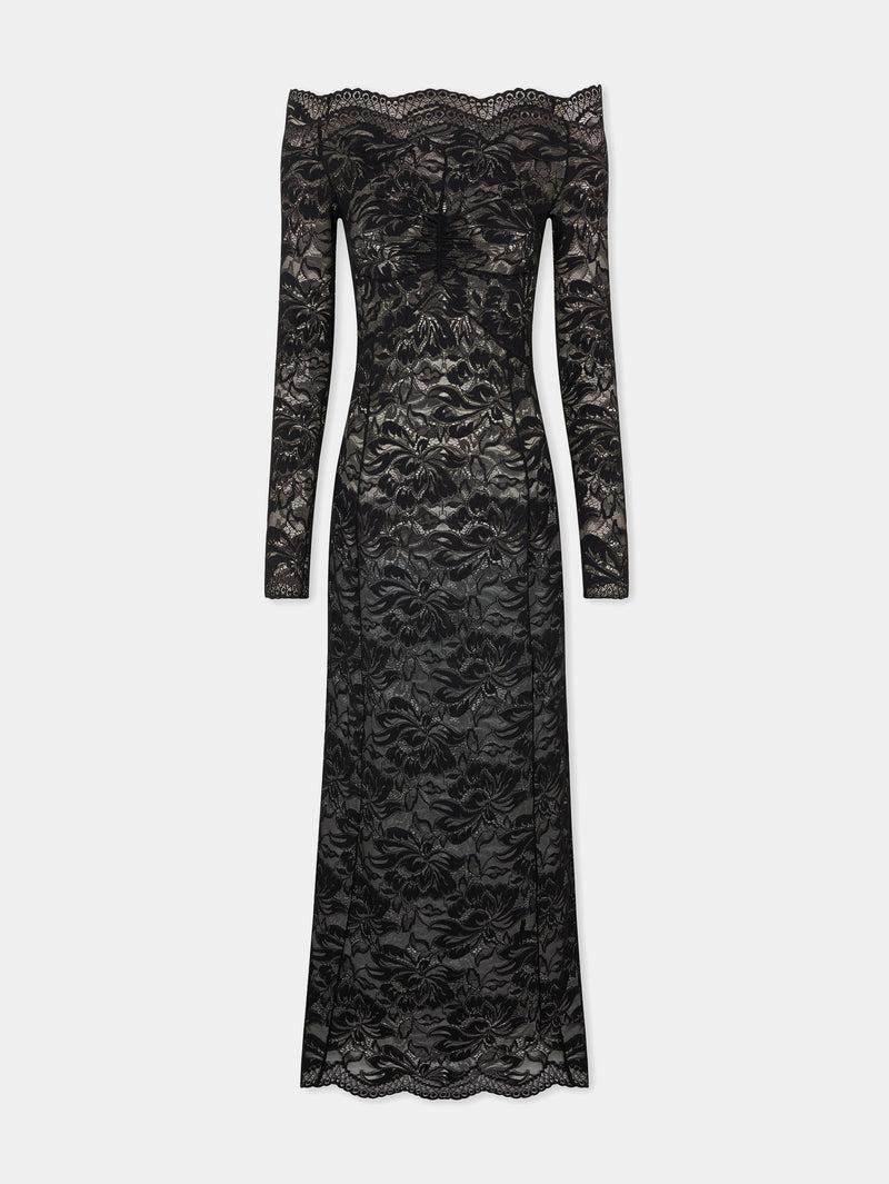 Long Black lace dress with bardot collar Product Image