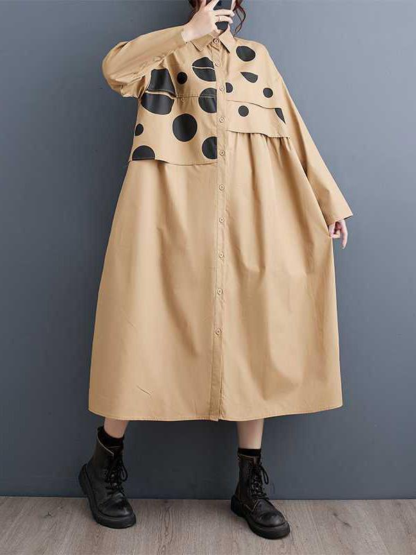 A-Line Long Sleeves Asymmetric Buttoned Polka Dot Split-Joint Lapel Midi Dresses Product Image