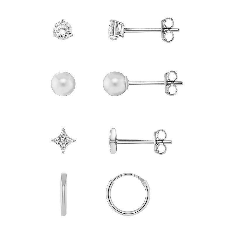 PRIMROSE Sterling Silver Cubic Zirconia Stud, Simulated Pearl Stud & Star Stud Earring Trio Set, Womens, Grey Product Image