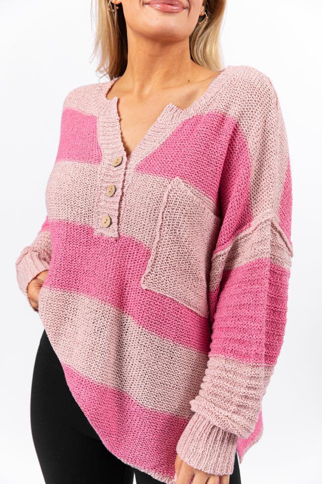 Know You Best Pink Oversized Striped Henley Sweater Product Image