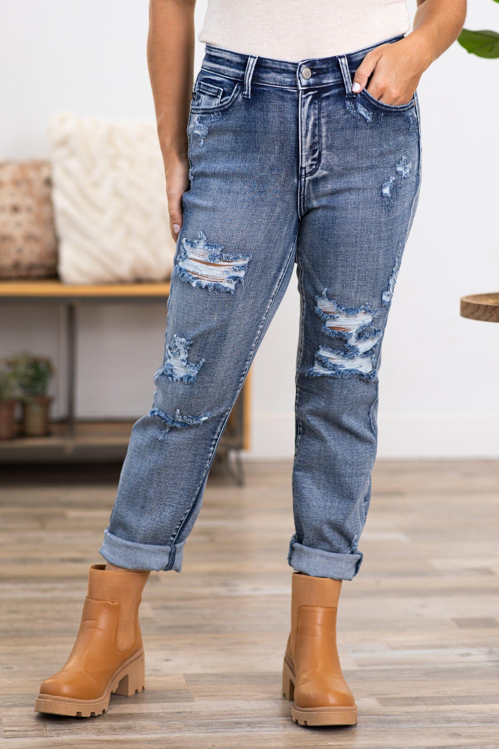 Judy Blue Mid Rise Distressed Boyfriend Jeans Product Image