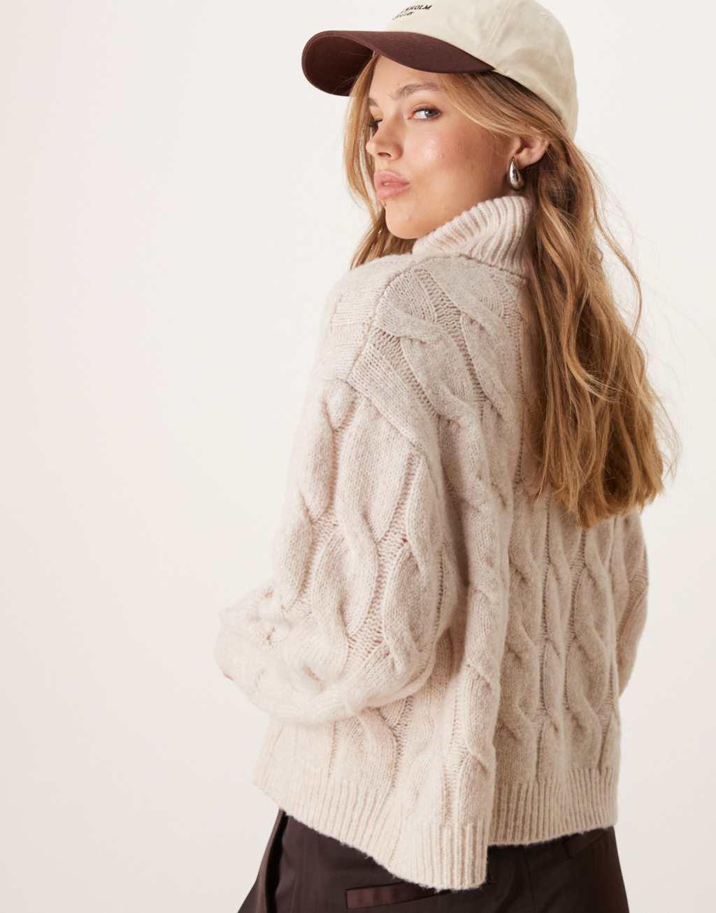 Miss Selfridge cable high neck cozy knit sweater in oatmeal Product Image