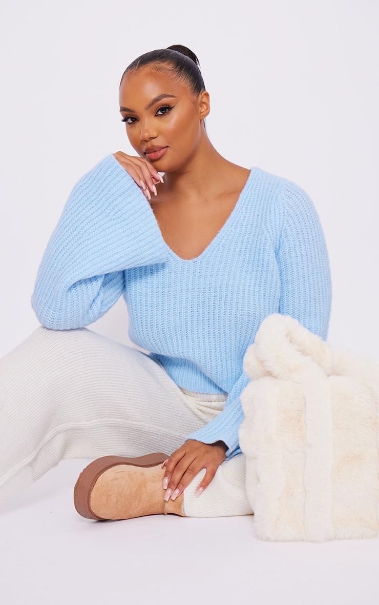 Plus Blue Brushed Knitted Cropped Sweater Product Image