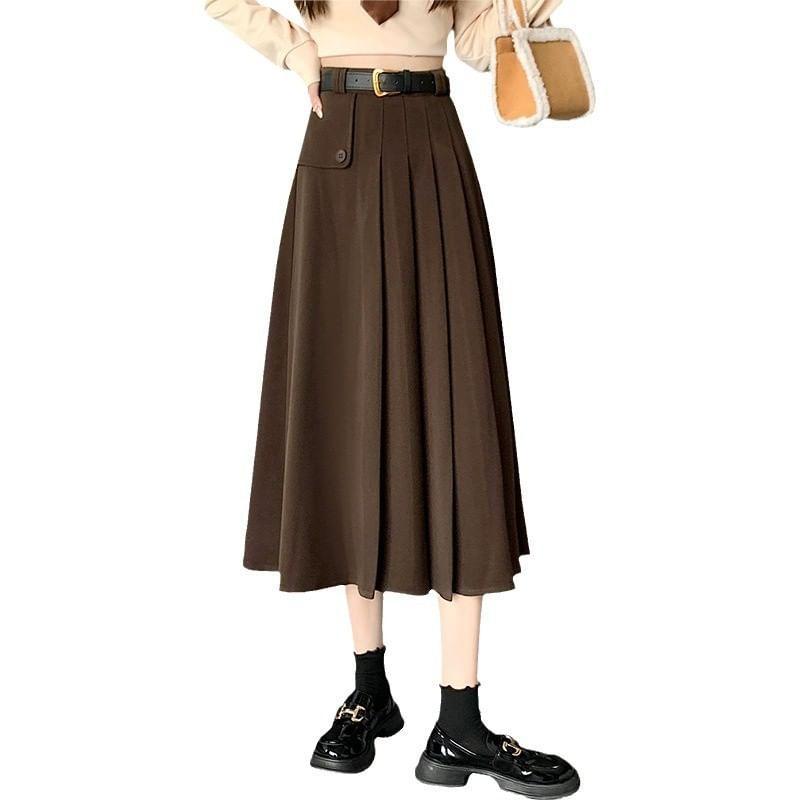 High Waist Plain Midi Pleated Skirt Product Image