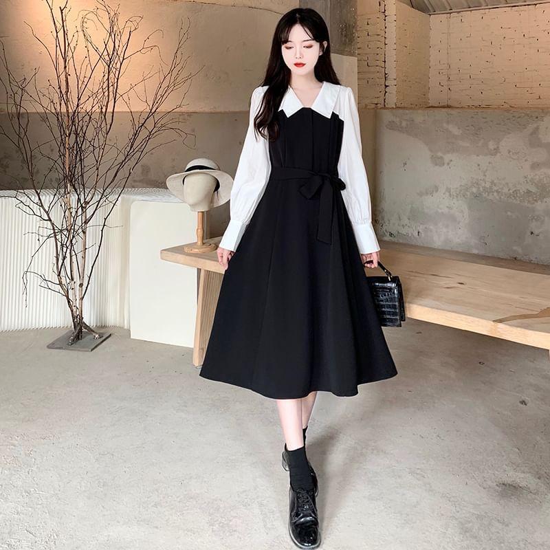 Long-Sleeve Collared Two Tone Midi A-Line Dress Product Image