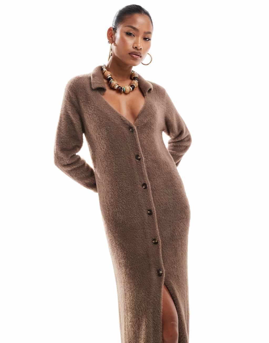 Aria Cove fluffy collar detail knitted maxi cardigan dress in mid brown Product Image