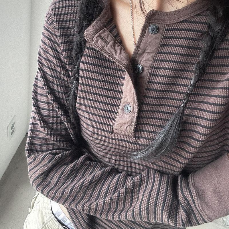 Long Sleeve Half-Button Striped Loose-Fit Top Product Image