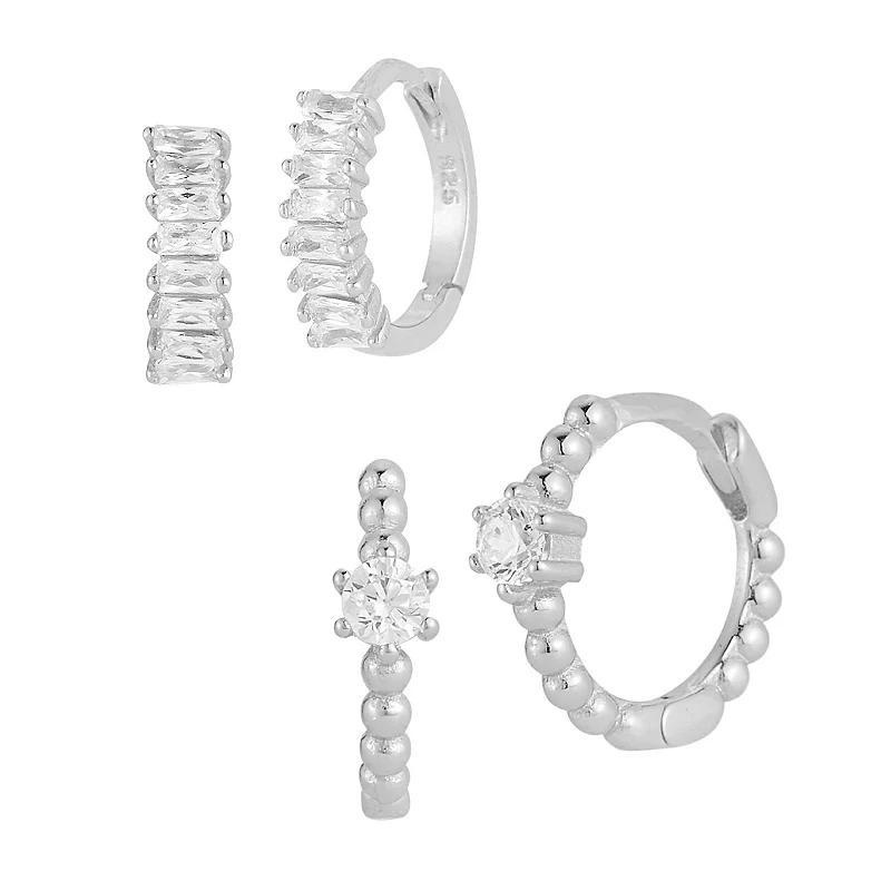 Sunkissed Sterling Cubic Zirconia Baguette & Bubble Huggie Hoop Earring Set, Womens, Silver Product Image