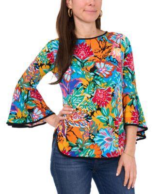 Petite Bell-Sleeve Contrast-Trim Printed Knit Top Product Image