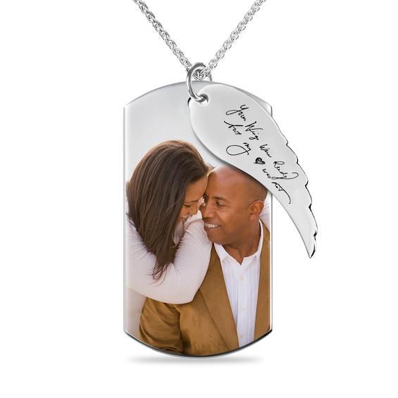 Men's Extra Large Engravable Photo Dog Tag Pendant with Wing Charm in Sterling Silver (1 Image and 4 Lines) - 22" Product Image