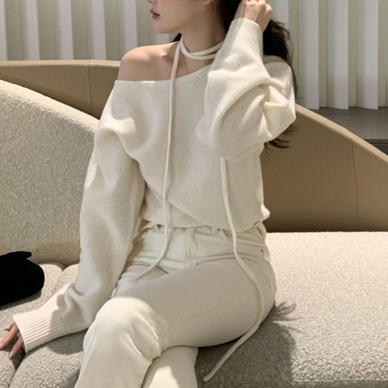 One Shoulder Plain Sweater Product Image