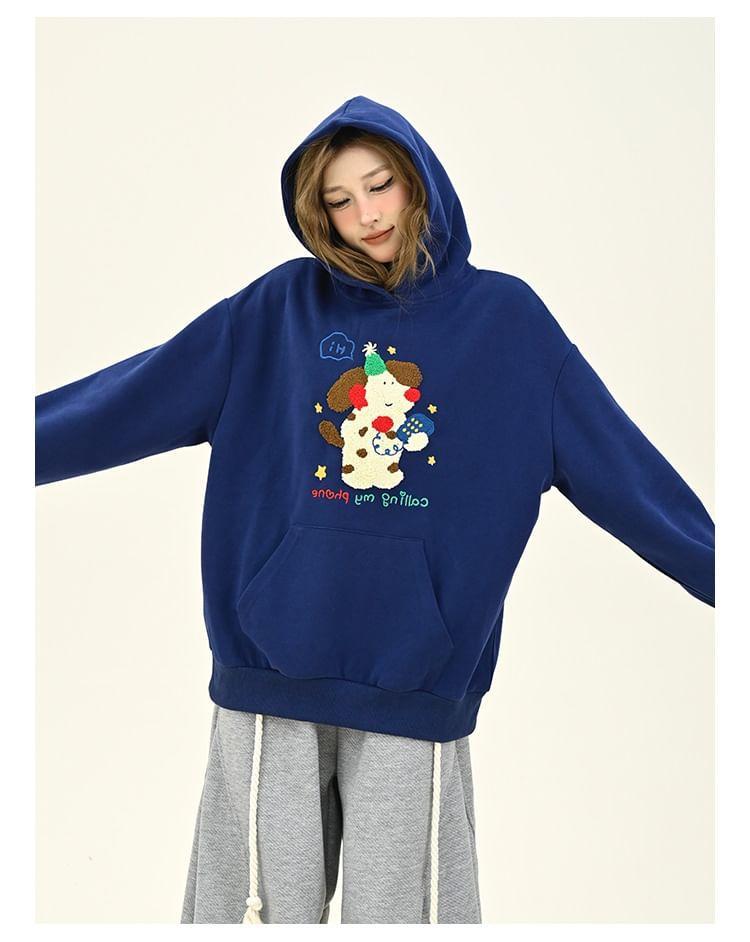 Drop Shoulder Dog Embroidered Oversized Hoodie Product Image