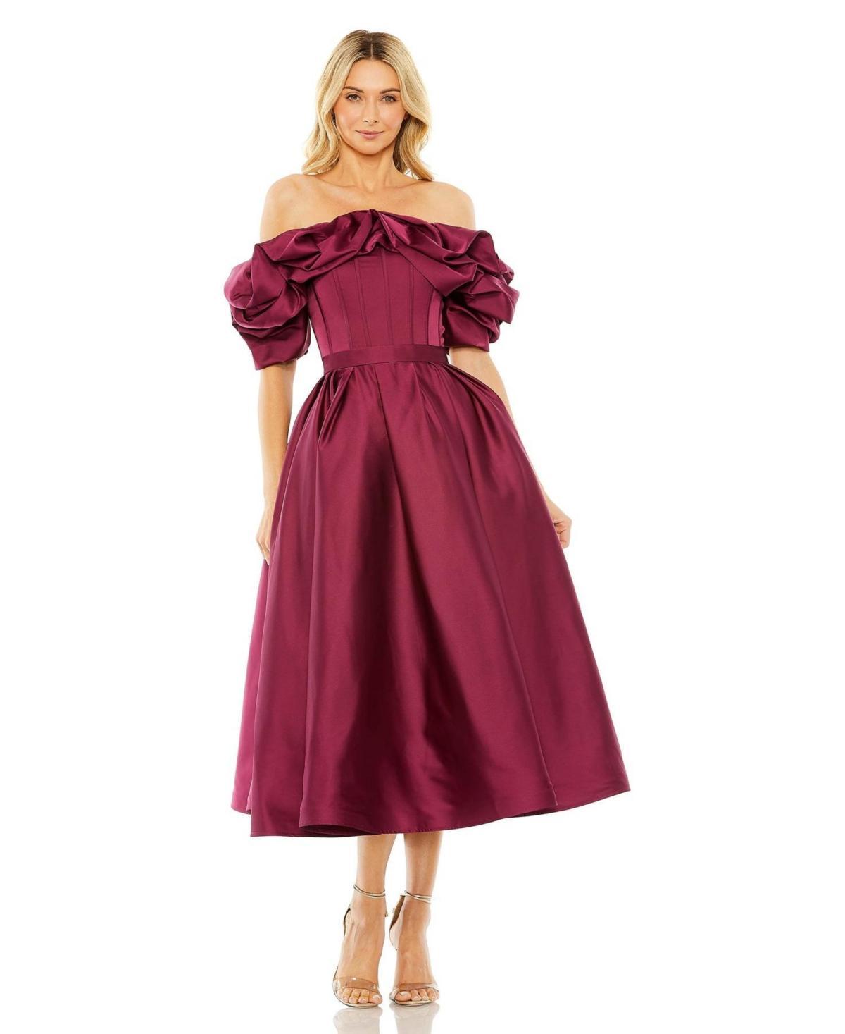 Mac Duggal Ruffle Off the Shoulder Satin Midi Cocktail Dress Product Image