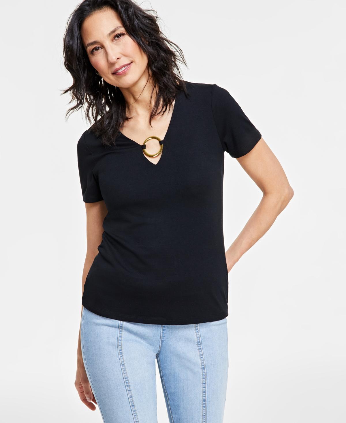 I.n.c. International Concepts Womens O-Ring Short-Sleeve Keyhole Top, Created for Macys Product Image